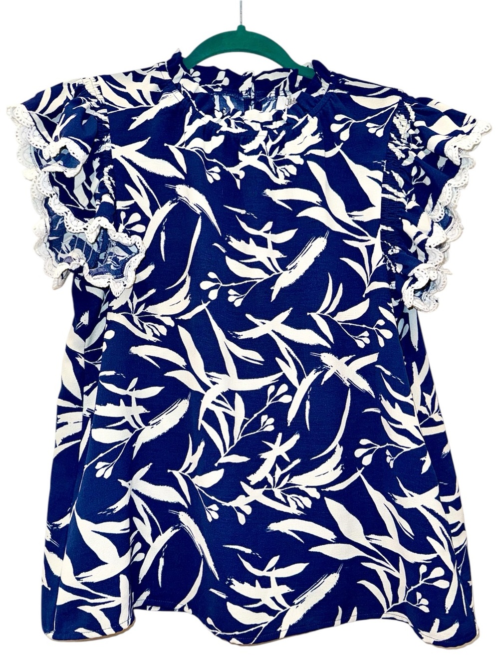 Royal Blue & White Leaf Print Blouse With White RicRac Ruffle Sleeve Blouse VGUC